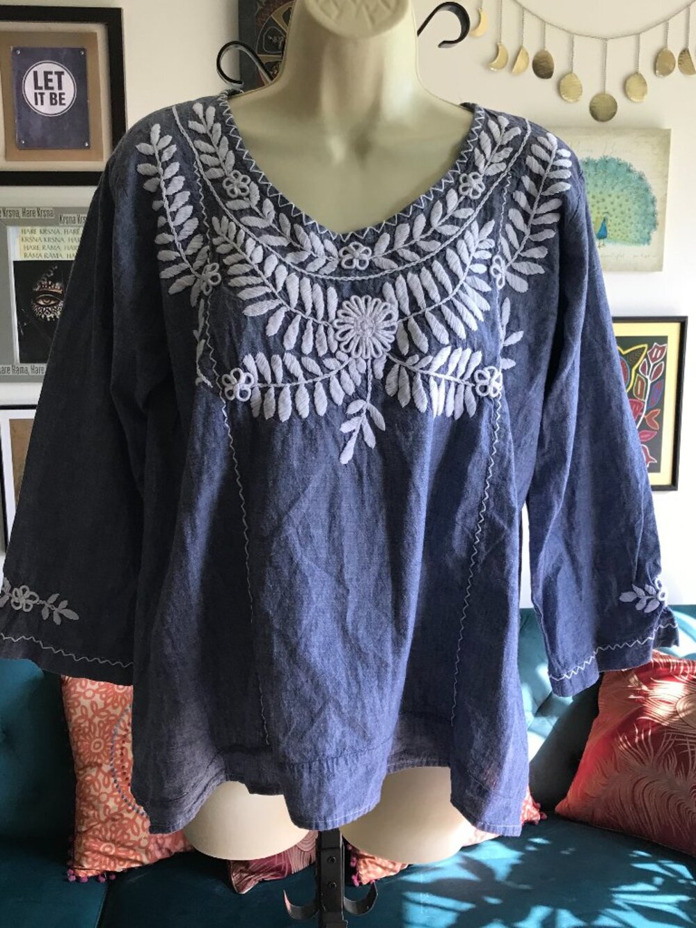 ABRAZO Style size M Chambray Blue Embroidered Cotton 3/4 Sleeve Boho Hippie Top